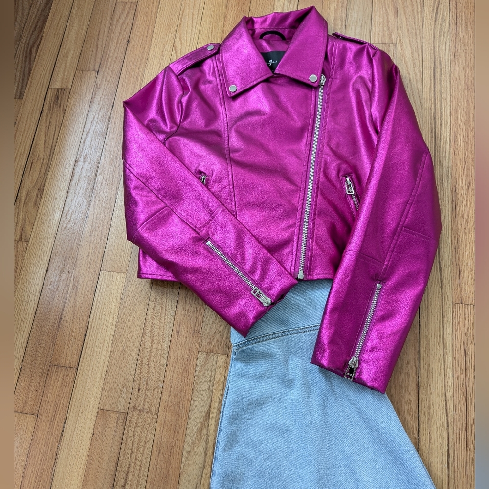 7 For All Mankind NWT Metallic Hot Magenta Pink Moto Jacket - Picture 12 of 12